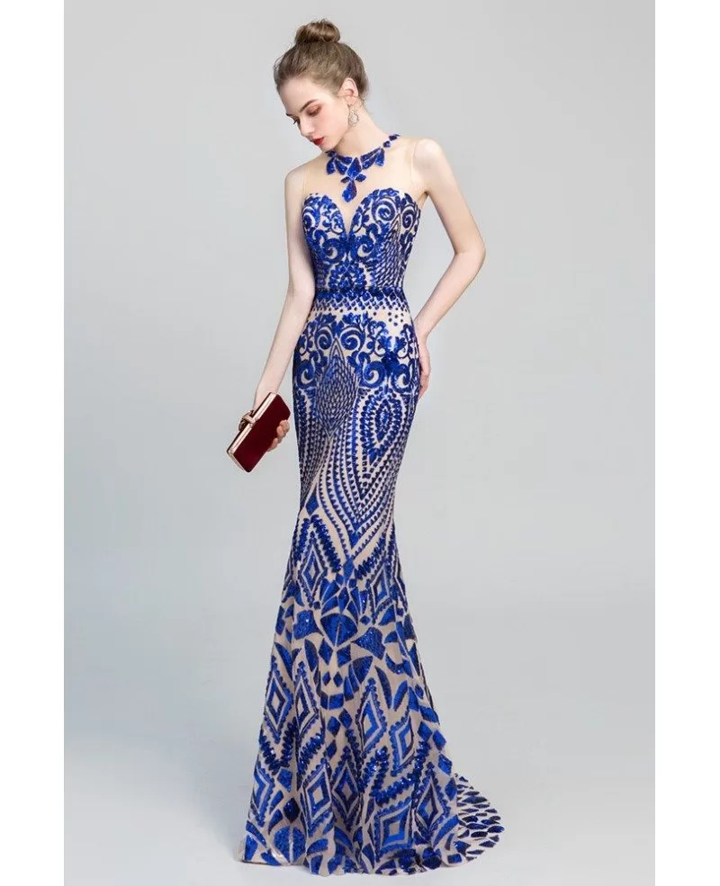 Sexy Royal Blue Shiny Sequin Fitted Mermaid Prom Dress For 2019 27003c