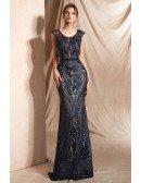 Sexy Navy Blue Sequin-lace Evening Dress In Long Mermaid