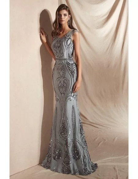 Long Silver Slim Shiny Sequin-lace Party Dress In Mermaid Style