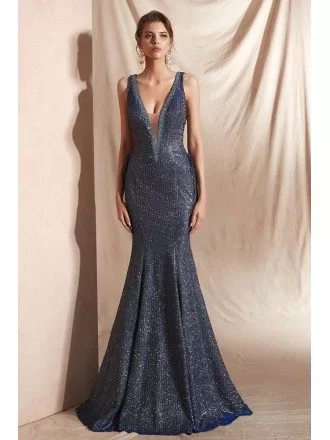 2019 Sparkle Blue Mermaid Prom Dress with Double V Neck
