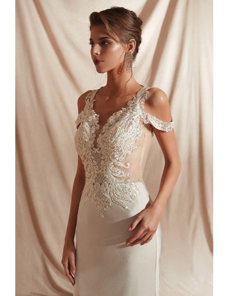 High Low Champagne Fitted Formal Dress with Lace Beading Top