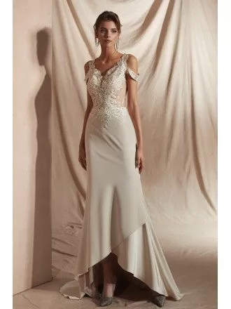 High Low Champagne Fitted Formal Dress with Lace Beading Top