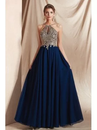 Deep Blue Chiffon Halter Prom Dress with Gold Lace Color Rhinestones