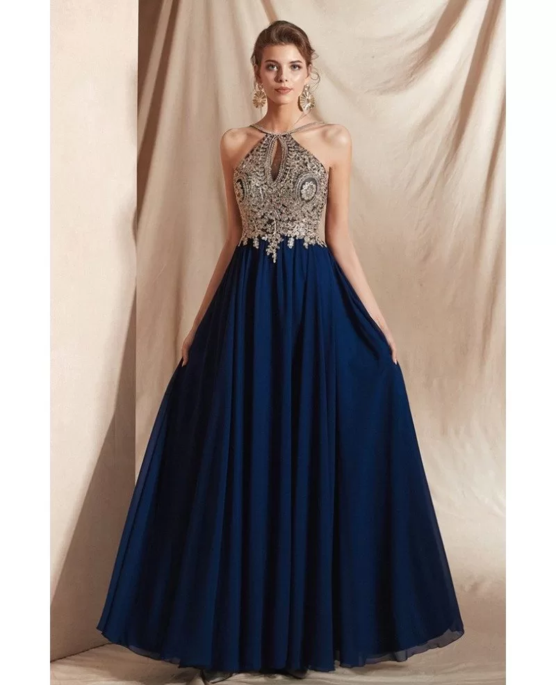 deep blue prom dress
