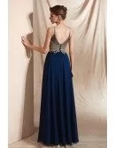 Deep Blue Chiffon Halter Prom Dress with Gold Lace Color Rhinestones