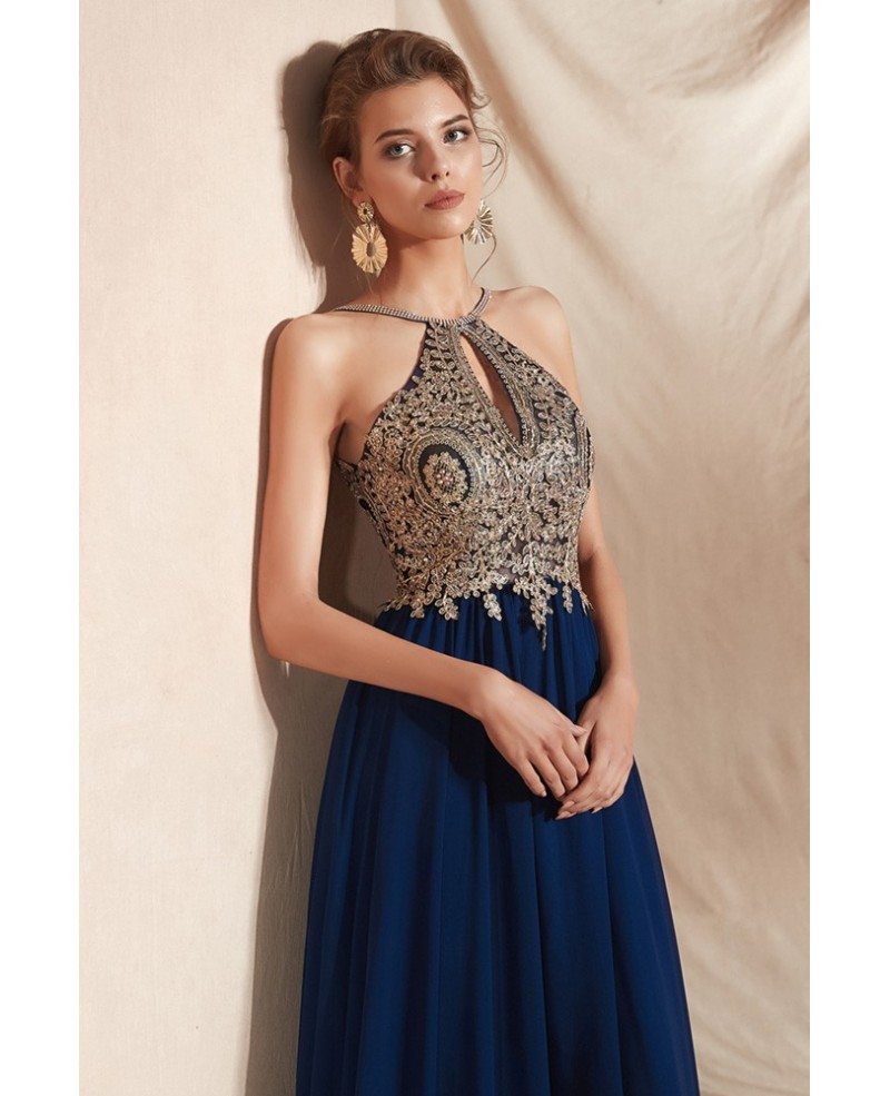 Halter Rhinestones Navy Blue Ball Gown Evening Dress Prom Dresses –  Laurafashionshop