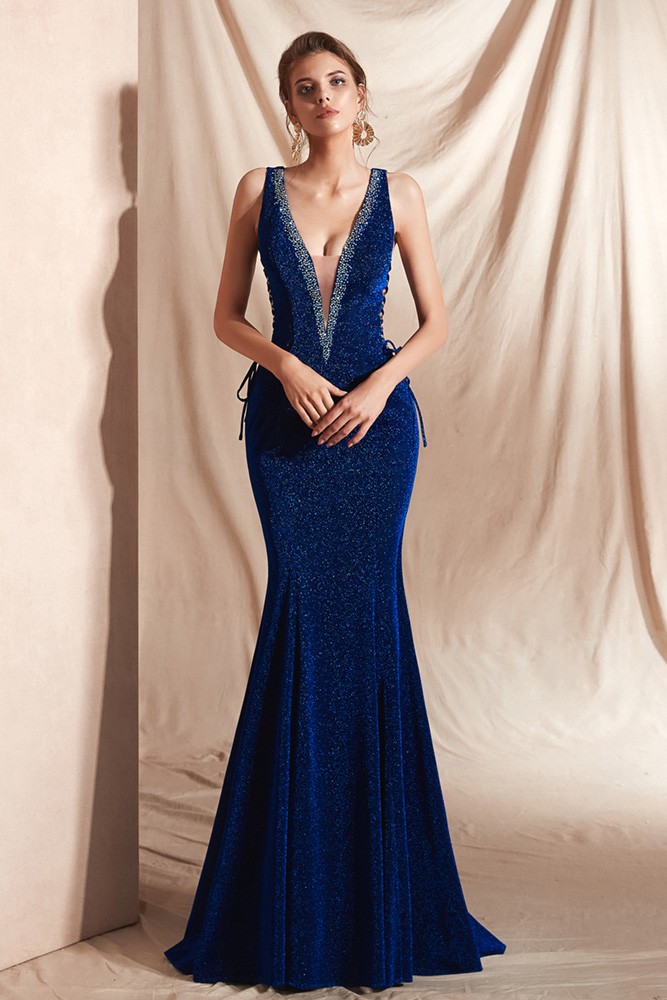 chinese dress ladies Dark Navy Lace Sequined Trumpet Court Train Prom Dress