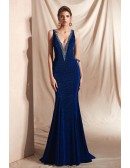 Royal Blue Double V Neck Mermaid Curvy Prom Dress with Shiny Sequins