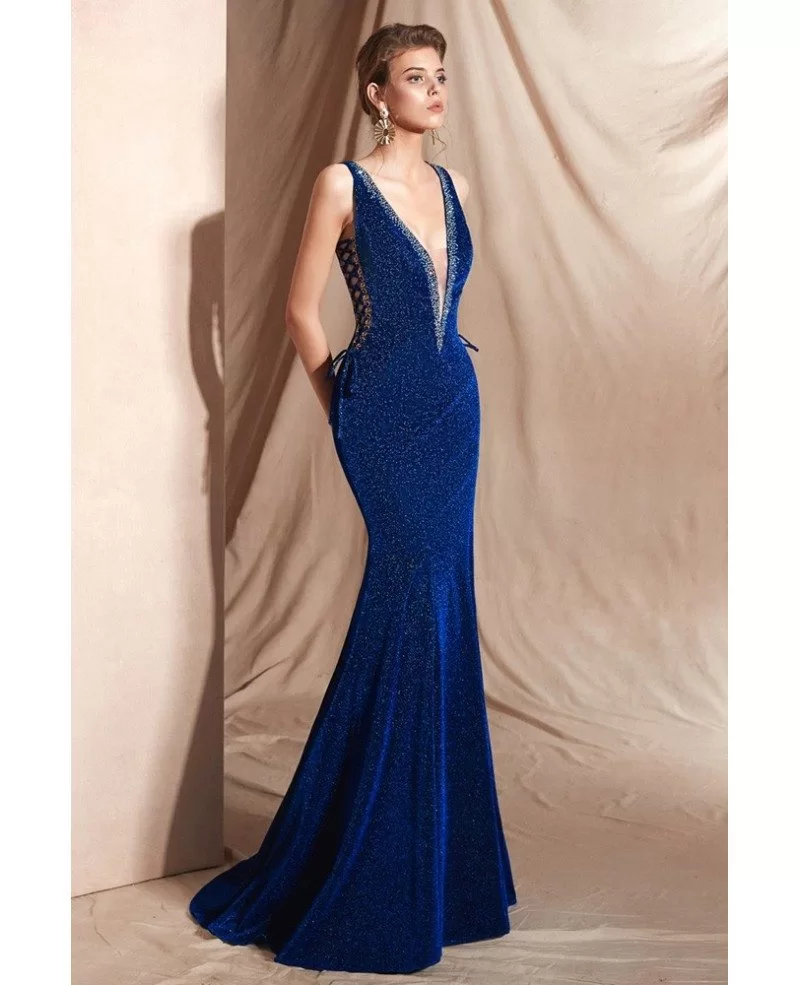 Royal Blue Double V Neck Mermaid Curvy Prom Dress with Shiny Sequins ...