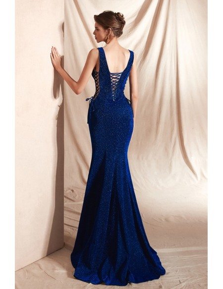 Royal Blue Double V Neck Mermaid Curvy Prom Dress with Shiny Sequins
