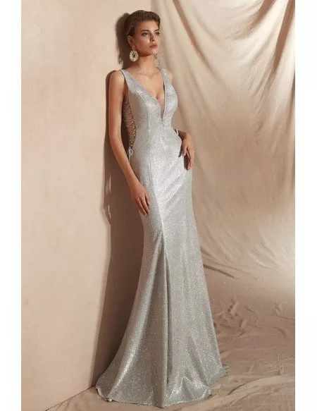 Amazing Silver Long Mermaid Formal Dress with Deep V Neck
