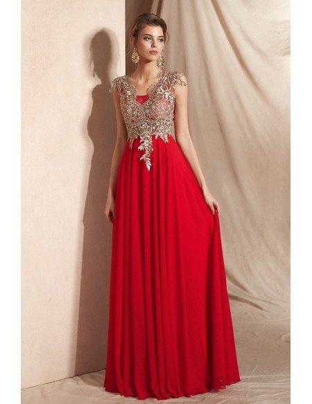 Gorgeous Red Chiffon Long Evening Dress with Lace Rhinestone Top