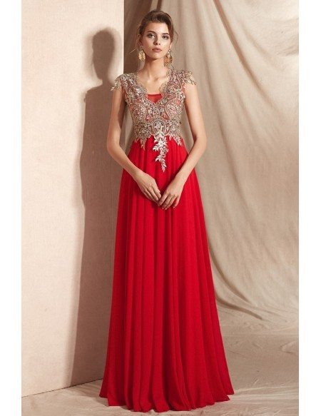 Gorgeous Red Chiffon Long Evening Dress with Lace Rhinestone Top
