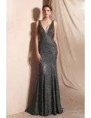 Sexy Grey Deep V Shiny Evening Dress Long In Mermaid 2019
