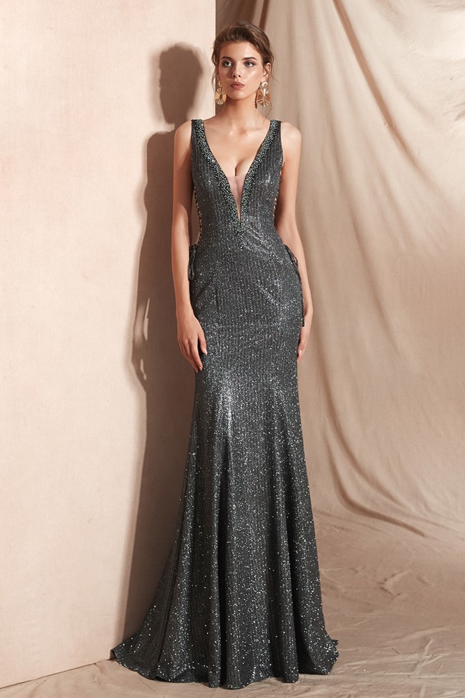 Sexy Grey Deep V Shiny Evening Dress Long In Mermaid 2019 #27015c ...