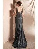 Sexy Grey Deep V Shiny Evening Dress Long In Mermaid 2019