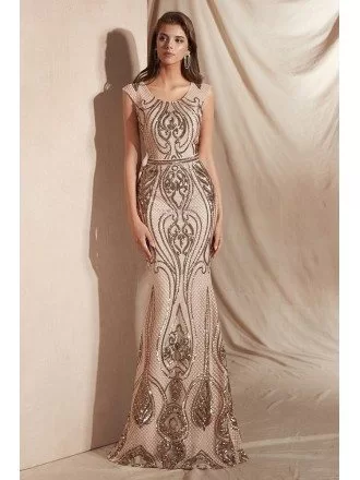 Sparkly Sequin-lace Gold Mermaid Formal Dress Long with Round Neck