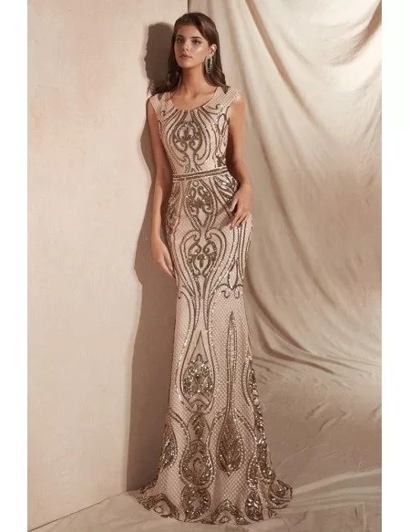 Sparkly Sequin-lace Gold Mermaid Formal Dress Long with Round Neck