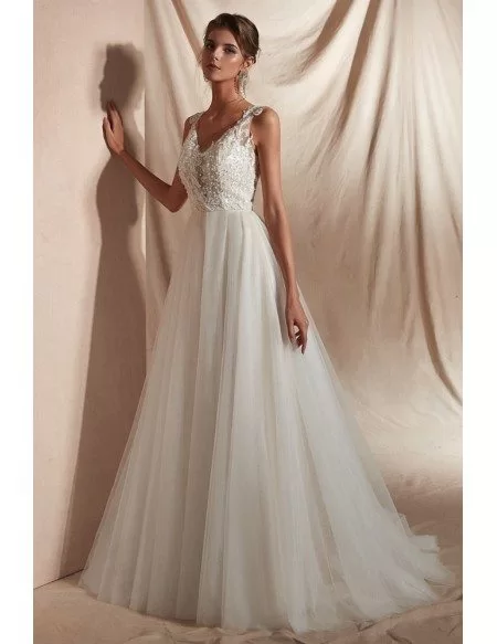 Sleeveless A Line Tulle Beach Wedding Dress with Lace Beading Top ...