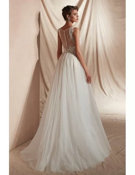 Sleeveless A Line Tulle Beach Wedding Dress with Lace Beading Top