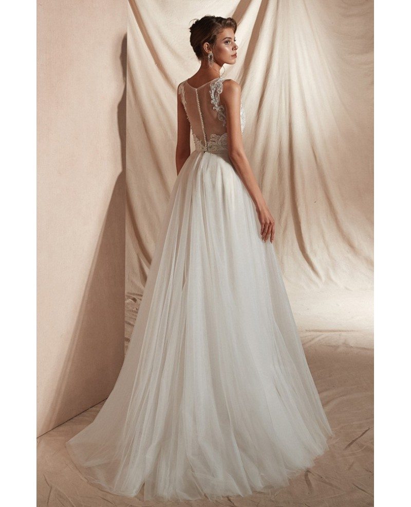 Sleeveless A Line Tulle Beach Wedding Dress with Lace