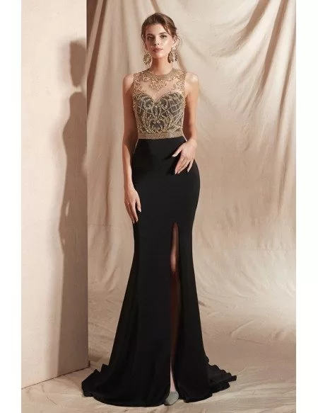 Sexy Mermaid Black with Gold Beading Prom Dress with Slit Front