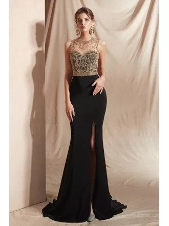 Sexy Mermaid Black with Gold Beading Prom Dress with Slit Front