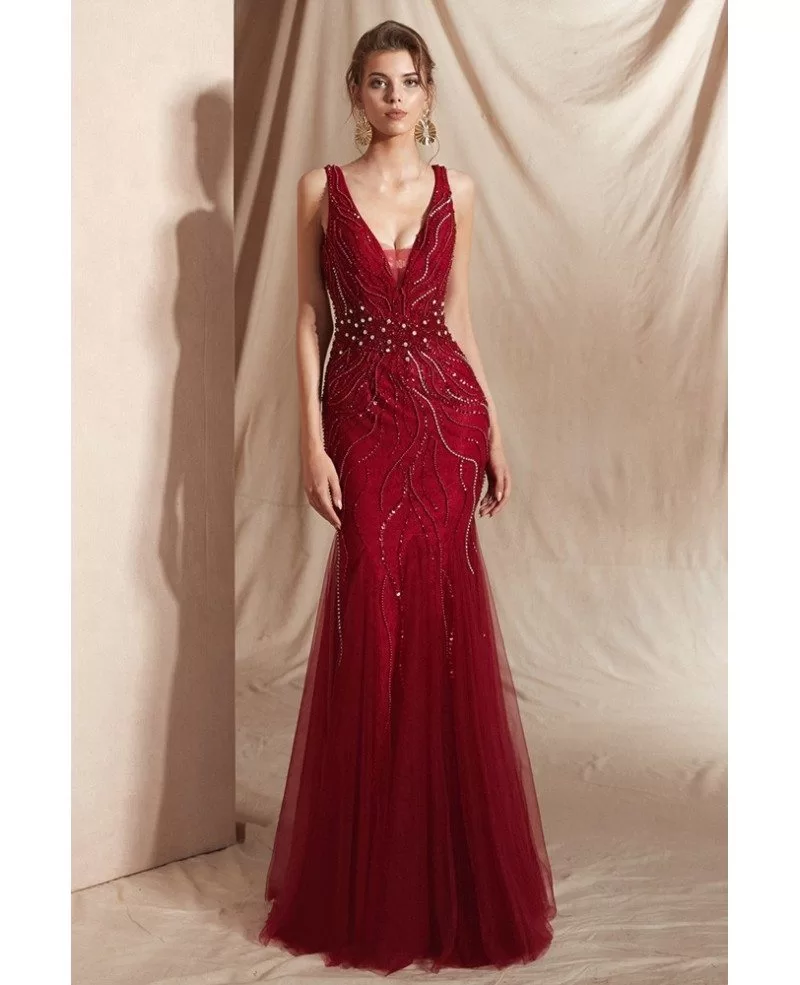 Mermaid Tight Burgundy Deep V Prom Dress with Shiny Beading #27008b ...