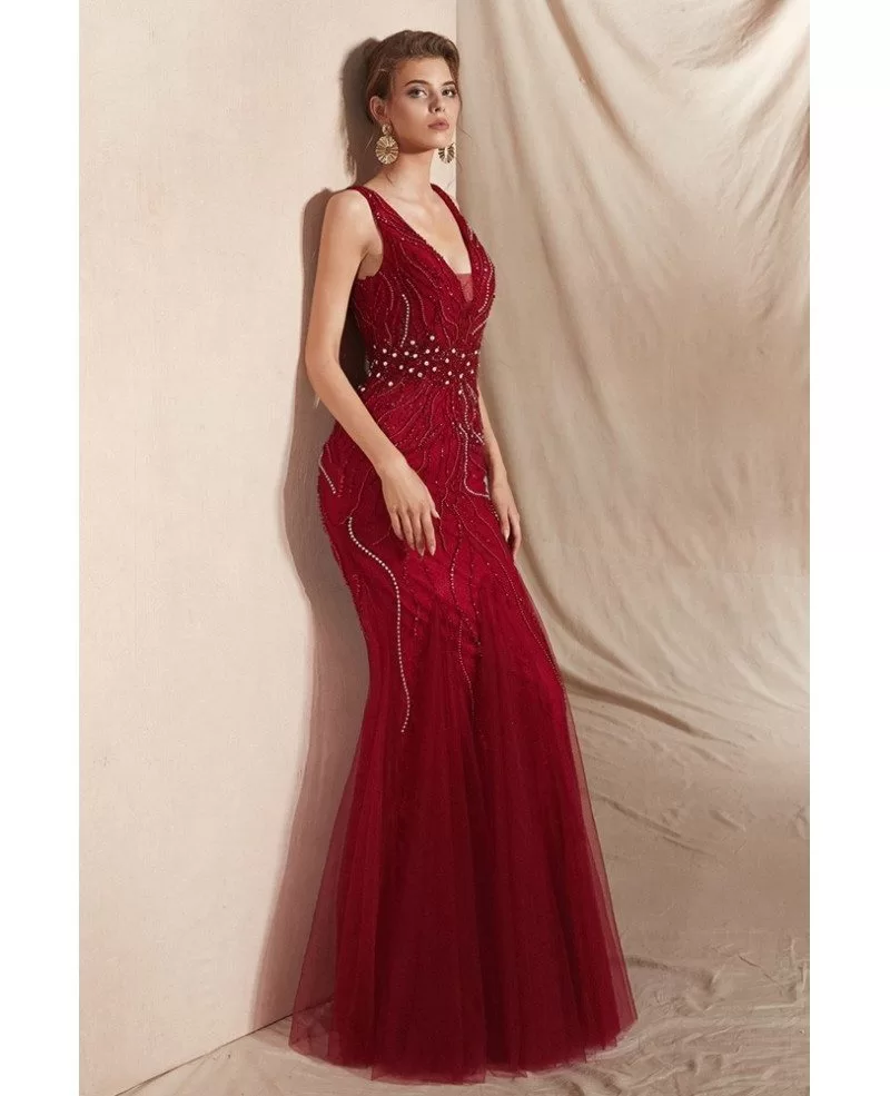 Mermaid Tight Burgundy Deep V Prom Dress with Shiny Beading #27008b ...