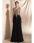 Elegant Black Long Chiffon Formal Dress with Gold Lace Top