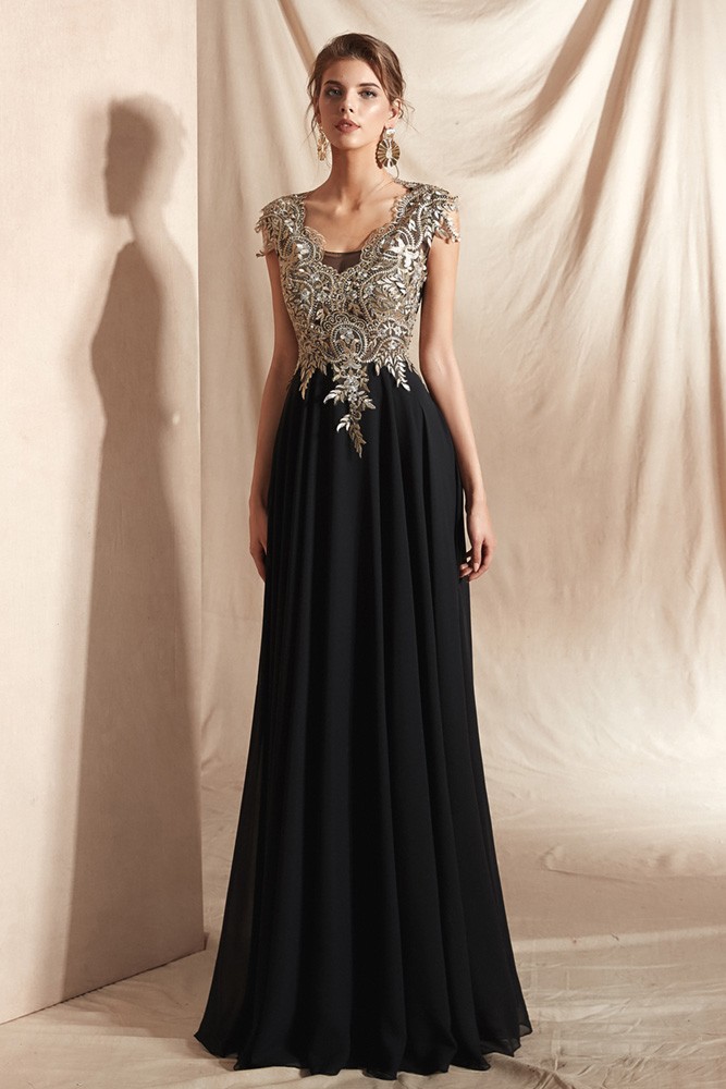 Elegant Black Long Chiffon Formal Dress with Gold Lace Top #27009b ...