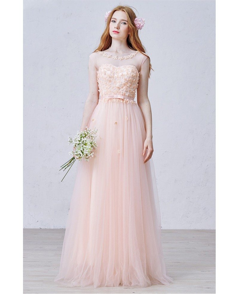Romantic A Line Scoop Neck Floor Length Tulle Wedding Dress With Flowers Ty009 172 