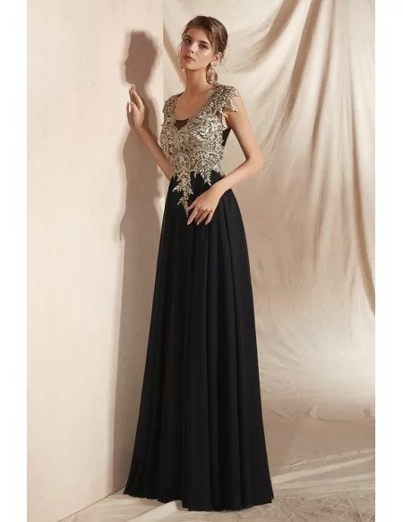 Elegant Black Long Chiffon Formal Dress with Gold Lace Top