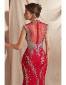 Modest Red Long Mermaid Party Dress with Sparkly Silver Sequin