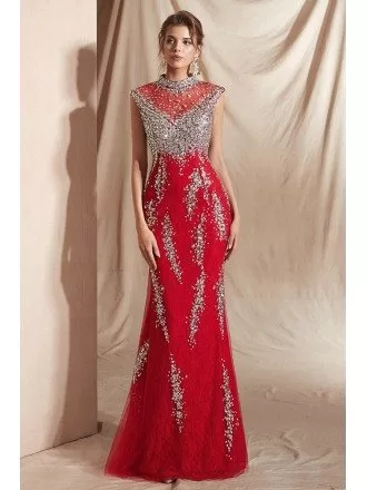 Modest Red Long Mermaid Party Dress with Sparkly Silver Sequin