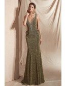 Glittering Brown Long Mermaid Prom Dress with Deep V Neck