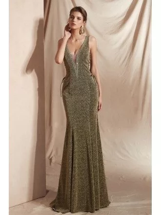 Glittering Brown Long Mermaid Prom Dress with Deep V Neck