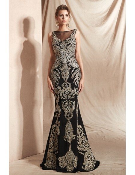 black dress with gold embroidery
