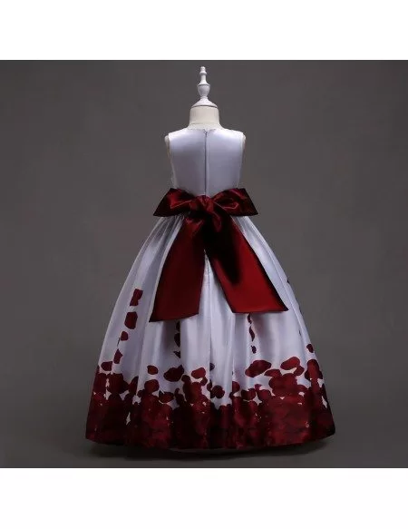 Elegant Satin Printed Petal Rose Flower Girl Dress with Sash