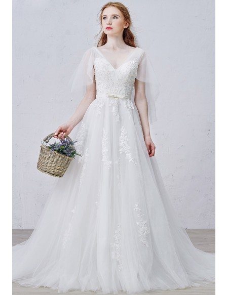 Graceful A-Line V-neck Sweep Train Tulle Wedding Dress With Appliques Lace
