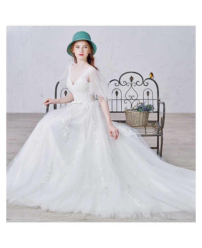 A-Line/Princess V-neck Sweep Train Chiffon Wedding Dress 