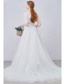 Graceful A-Line V-neck Sweep Train Tulle Wedding Dress With Appliques Lace