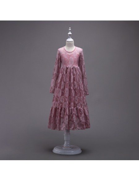 Burgundy Lace Long Sleeve Flower Girl Dress For Winter Weddings