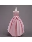 Vintage Hi-lo Pink Lace Beaded Flower Girl Dress with Flounce Hem