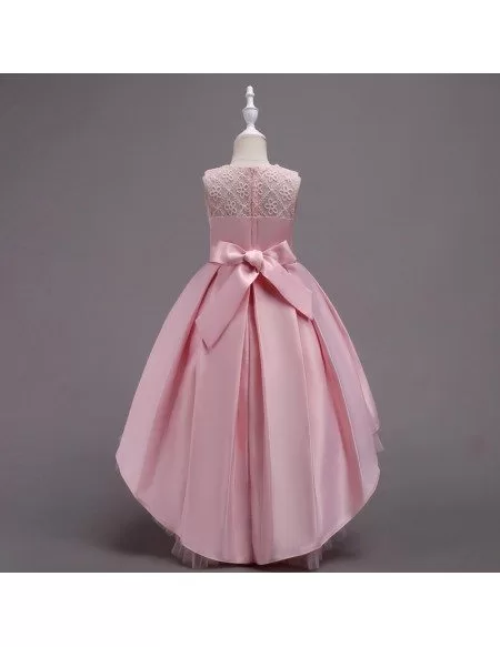 Vintage Hi-lo Pink Lace Beaded Flower Girl Dress with Flounce Hem