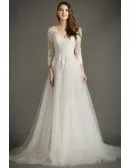 Feminine A-Line V-Neck Sweep Train Tulle Wedding Dress With Appliques Lace