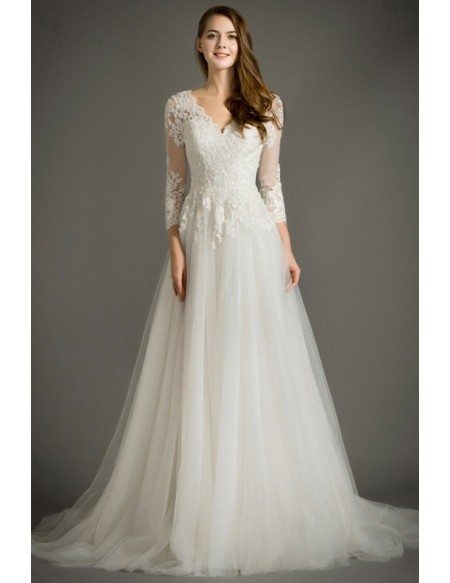 Romantic A-Line V-neck Sweep Train Tulle Wedding Dress 