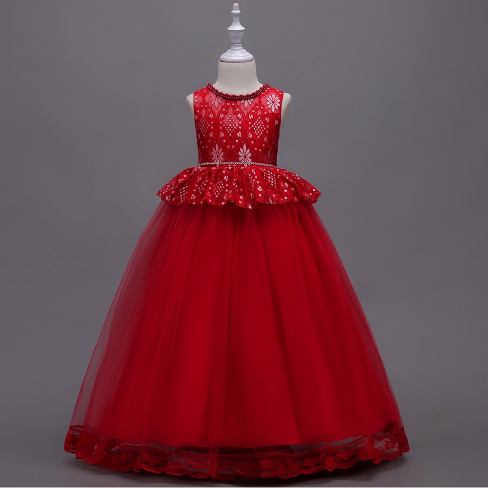 $35.9 Rustic Red Long Sleeveless Flower Girl Dress with Lace Hem #QX ...