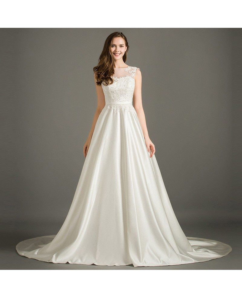 Elegant A Line Scoop Neck Court Train Satin Wedding Dress With Appliques Lace TZ006 339