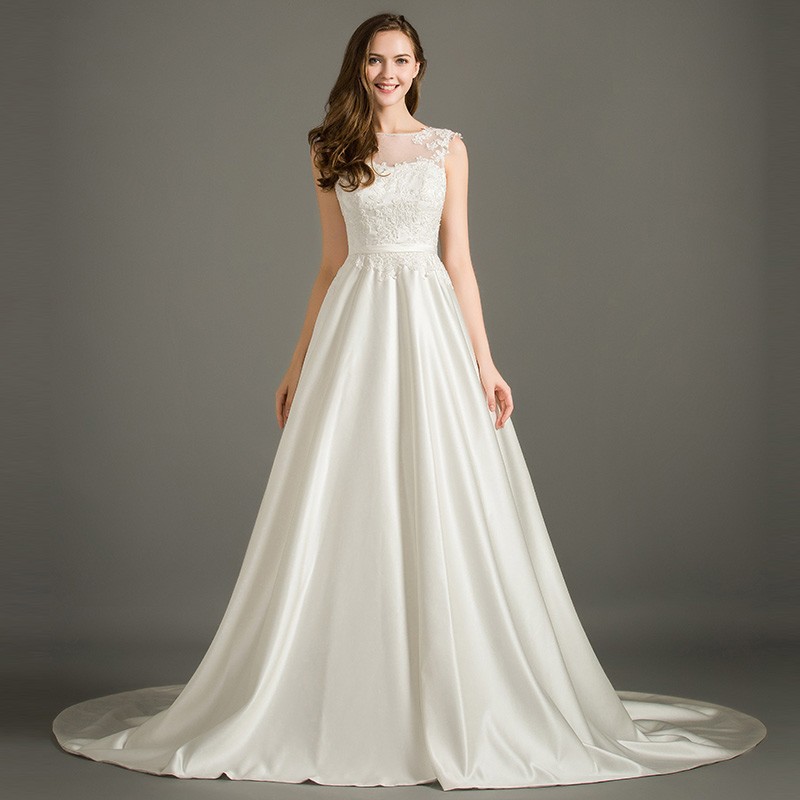 Elegant A-Line Scoop Neck Court Train Satin Wedding Dress With ...